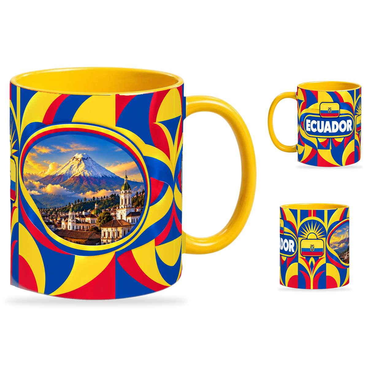 Ecuador Mug – 320ml with yellow handle, showing the landmark side plus companion country-name and centered-flag views of the glossy full-wrap design by Fann Bliss.