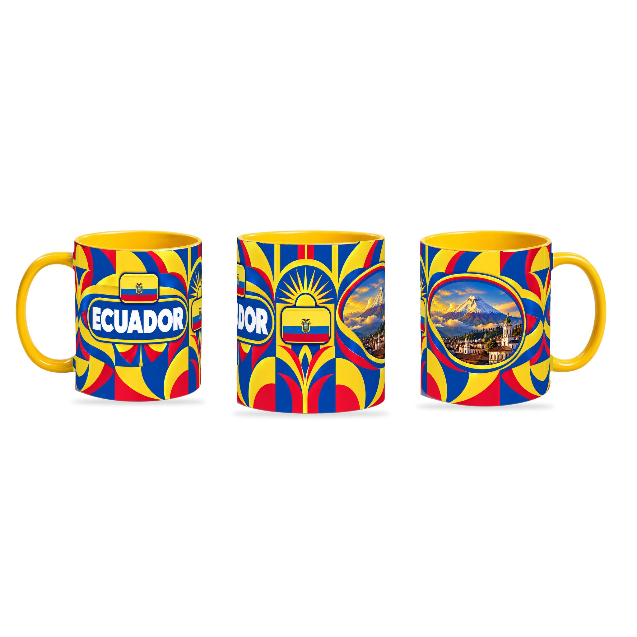 Ecuador Mug – 320ml with yellow handle, shown in three matching angles of the glossy full-wrap design by Fann Bliss.