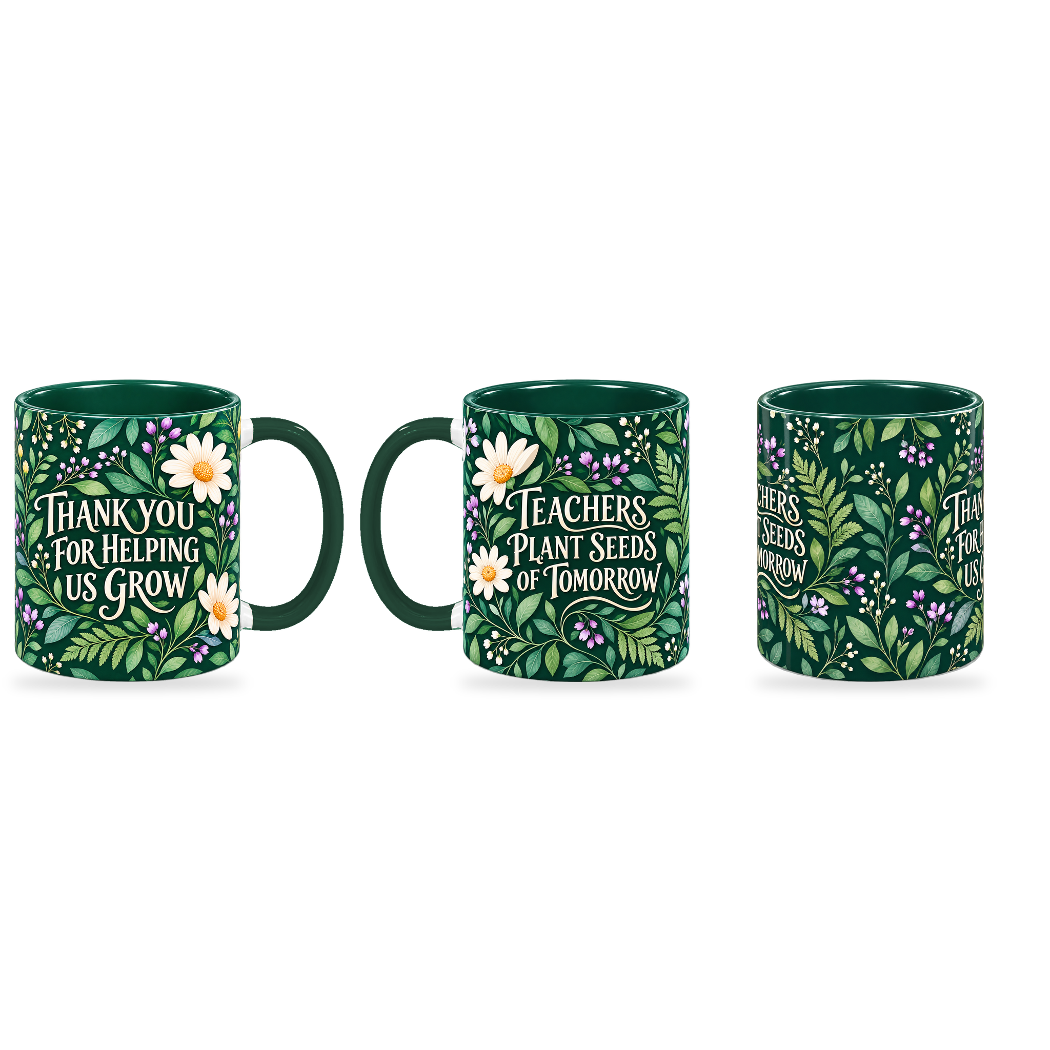 Emerald Growth Garden Teacher Mug – 320ml — right, left and centre views together on a transparent background