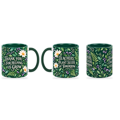 Emerald Growth Garden Teacher Mug – 320ml — right, left and centre views together on a transparent background