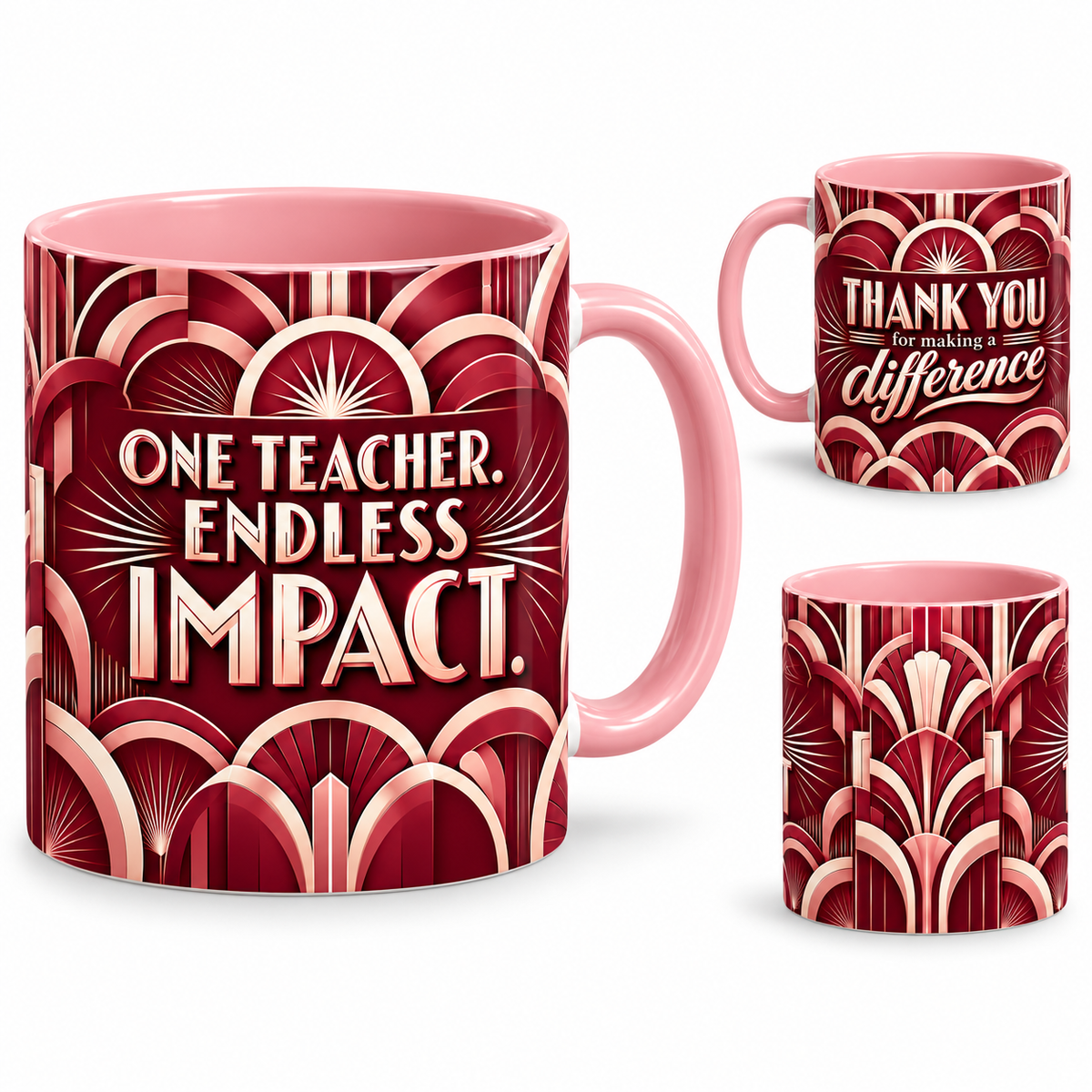 Endless Impact Mug – 320ml, pink ceramic mug, views of the full-wrap Teacher’s Day design