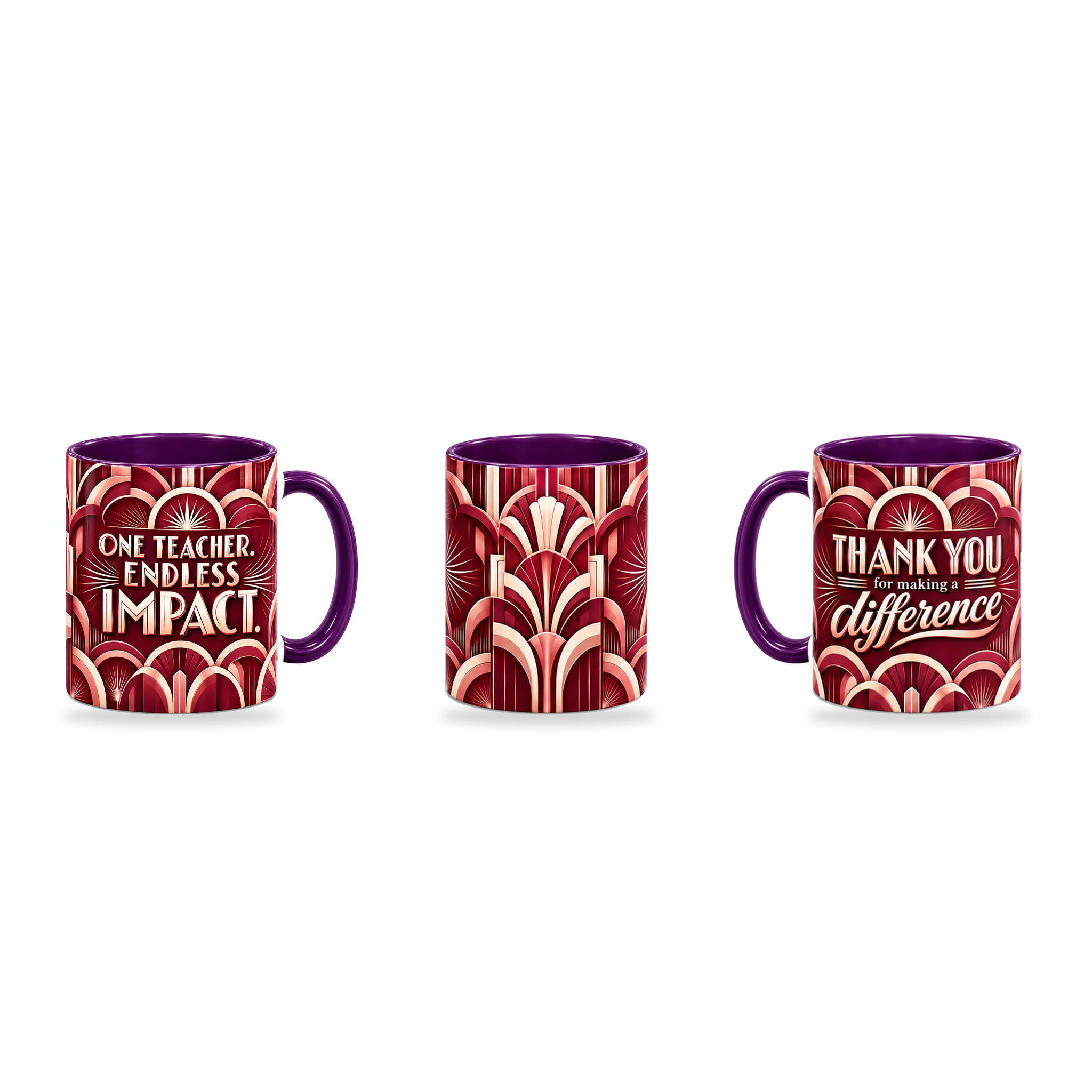Endless Impact Mug – 320ml, Purple ceramic mug, three-angle overview of the Teacher’s Day artwork