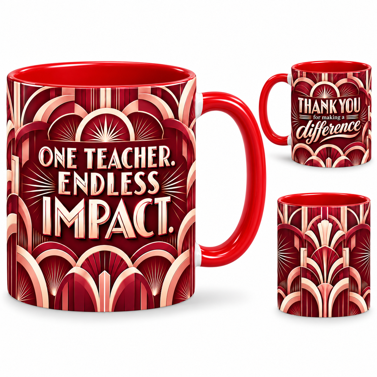 Endless Impact Mug – 320ml, red ceramic mug, views of the full-wrap Teacher’s Day design