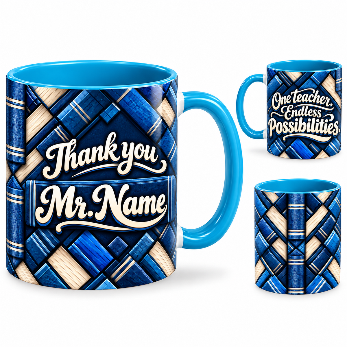 Endless Possibilities Mug – 320ml, light blue ceramic mug, views of the full-wrap Teacher’s Day design