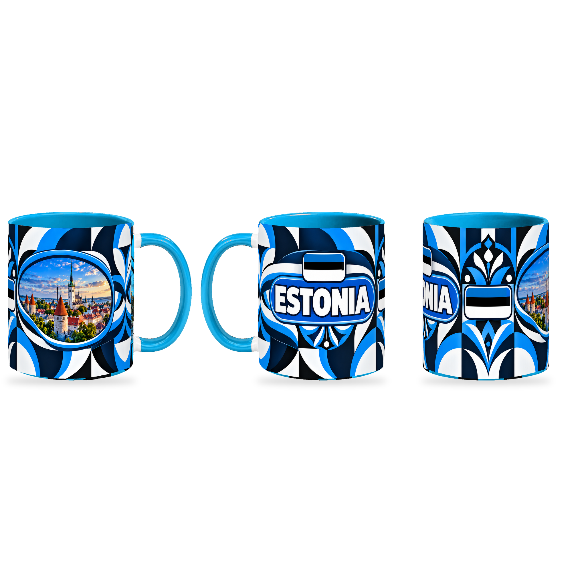 Estonia Mug – 320ml — three matching angles together on a white background with a soft shadow