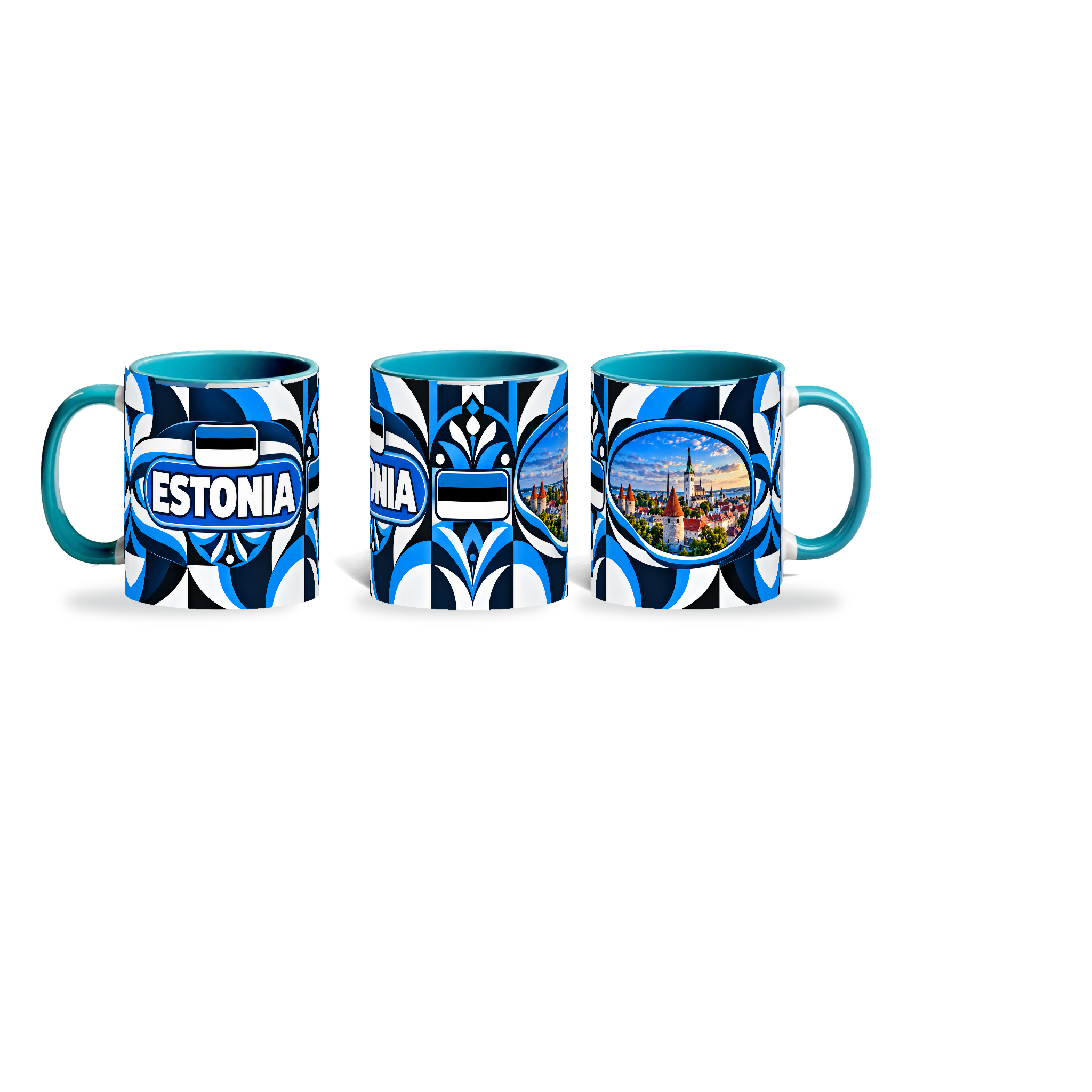Estonia Mug Teal – 320ml with teal handle, shown in three matching angles of the glossy full-wrap design by Fann Bliss.