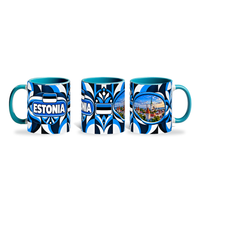 Estonia Mug Teal – 320ml with teal handle, shown in three matching angles of the glossy full-wrap design by Fann Bliss.
