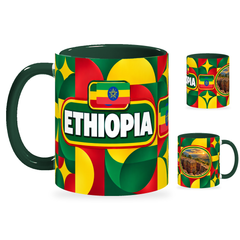 Ethiopia Mug – 320ml with dark green handle, showing the country-name side plus companion centered-flag and landmark views of the glossy full-wrap design by Fann Bliss.