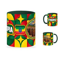 Ethiopia Mug – 320ml with dark green handle, showing the centered flag view plus companion country-name and landmark views of the glossy full-wrap design by Fann Bliss.