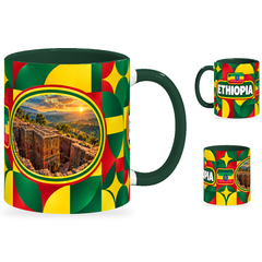 Ethiopia Mug – 320ml with dark green handle, showing the landmark side plus companion country-name and centered-flag views of the glossy full-wrap design by Fann Bliss.