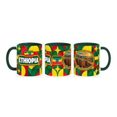 Ethiopia Mug – 320ml with dark green handle, shown in three matching angles of the glossy full-wrap design by Fann Bliss.