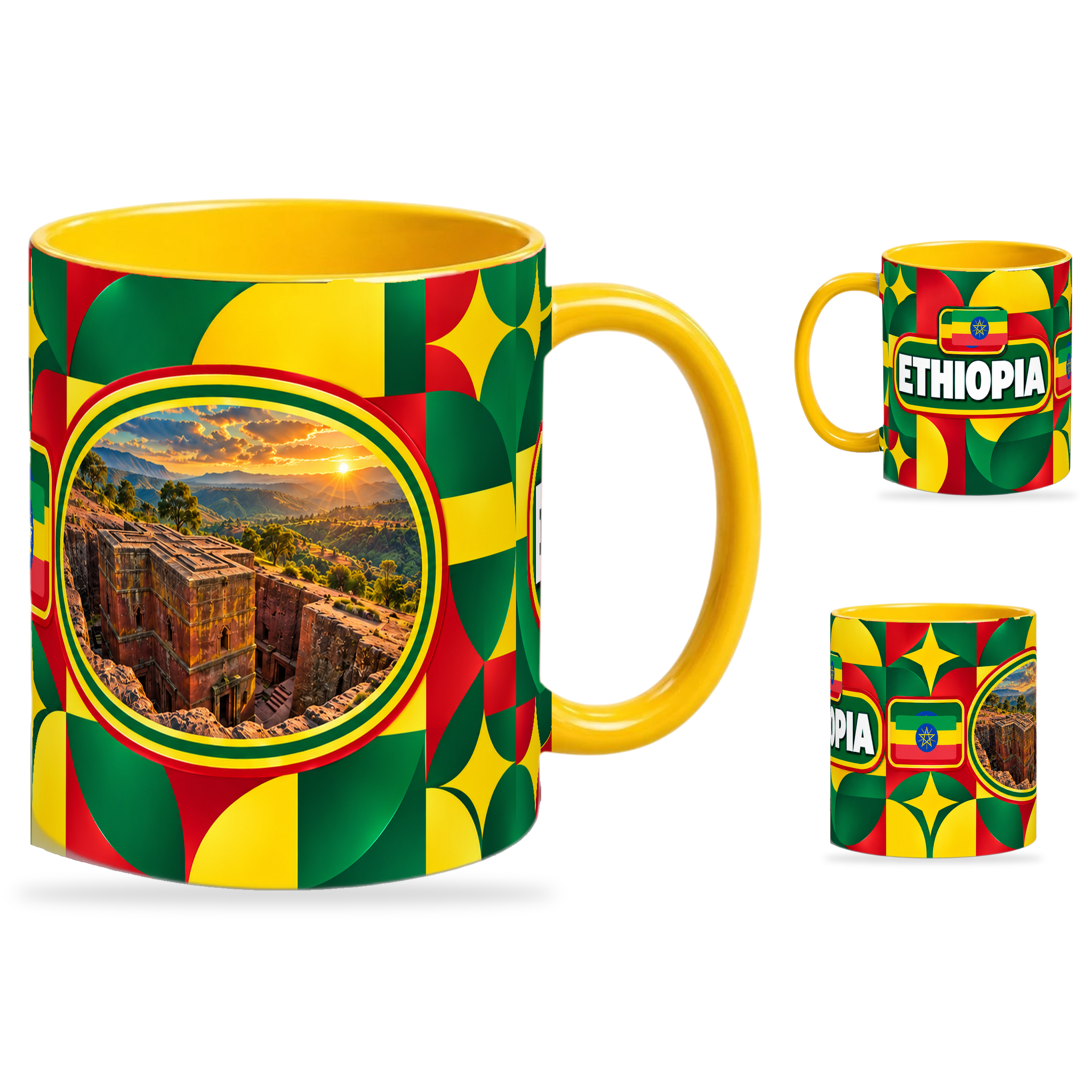 Ethiopia Mug Yellow – 320ml with yellow handle, showing the landmark side plus companion country-name and centered-flag views of the glossy full-wrap design by Fann Bliss.