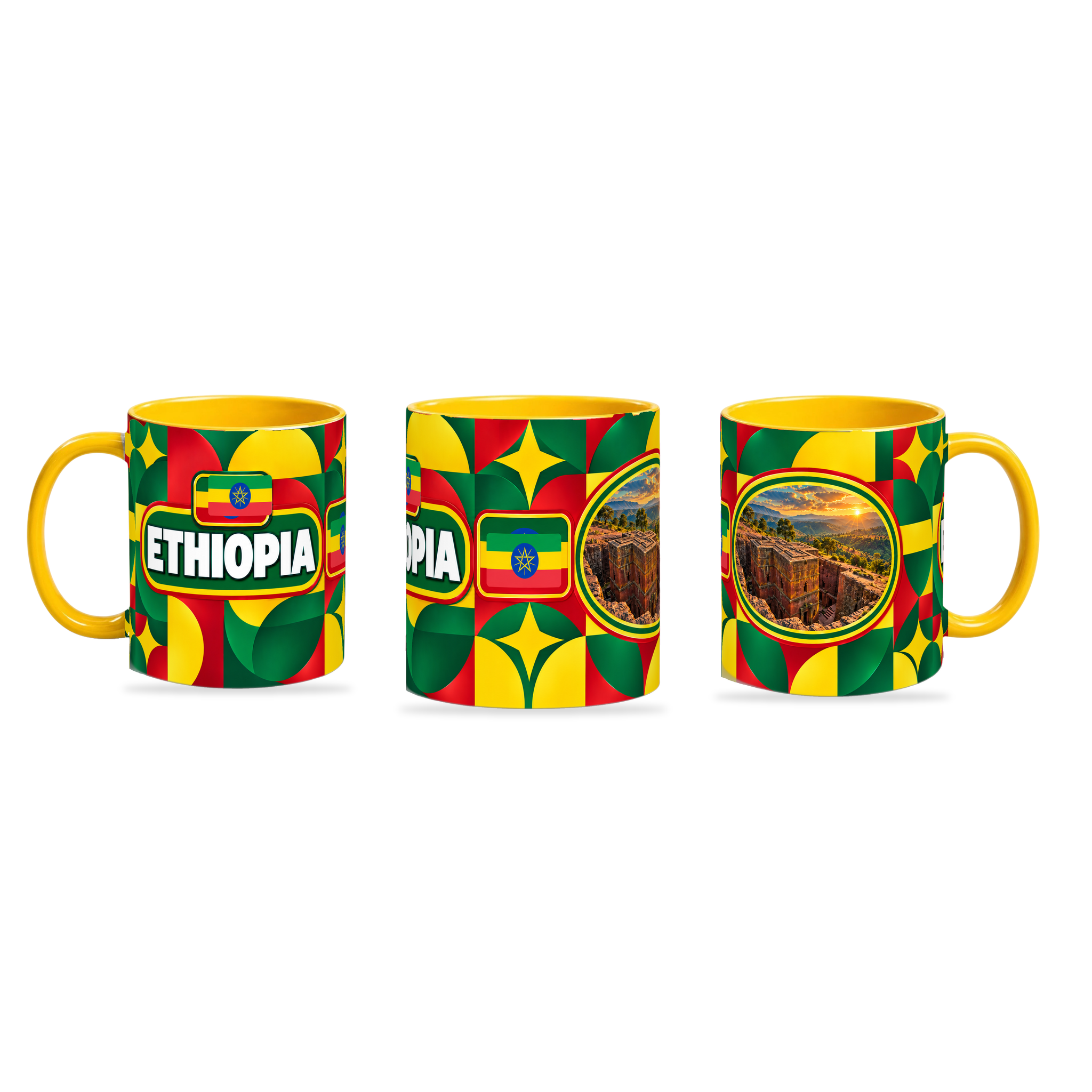 Ethiopia Mug Yellow – 320ml with yellow handle, shown in three matching angles of the glossy full-wrap design by Fann Bliss.
