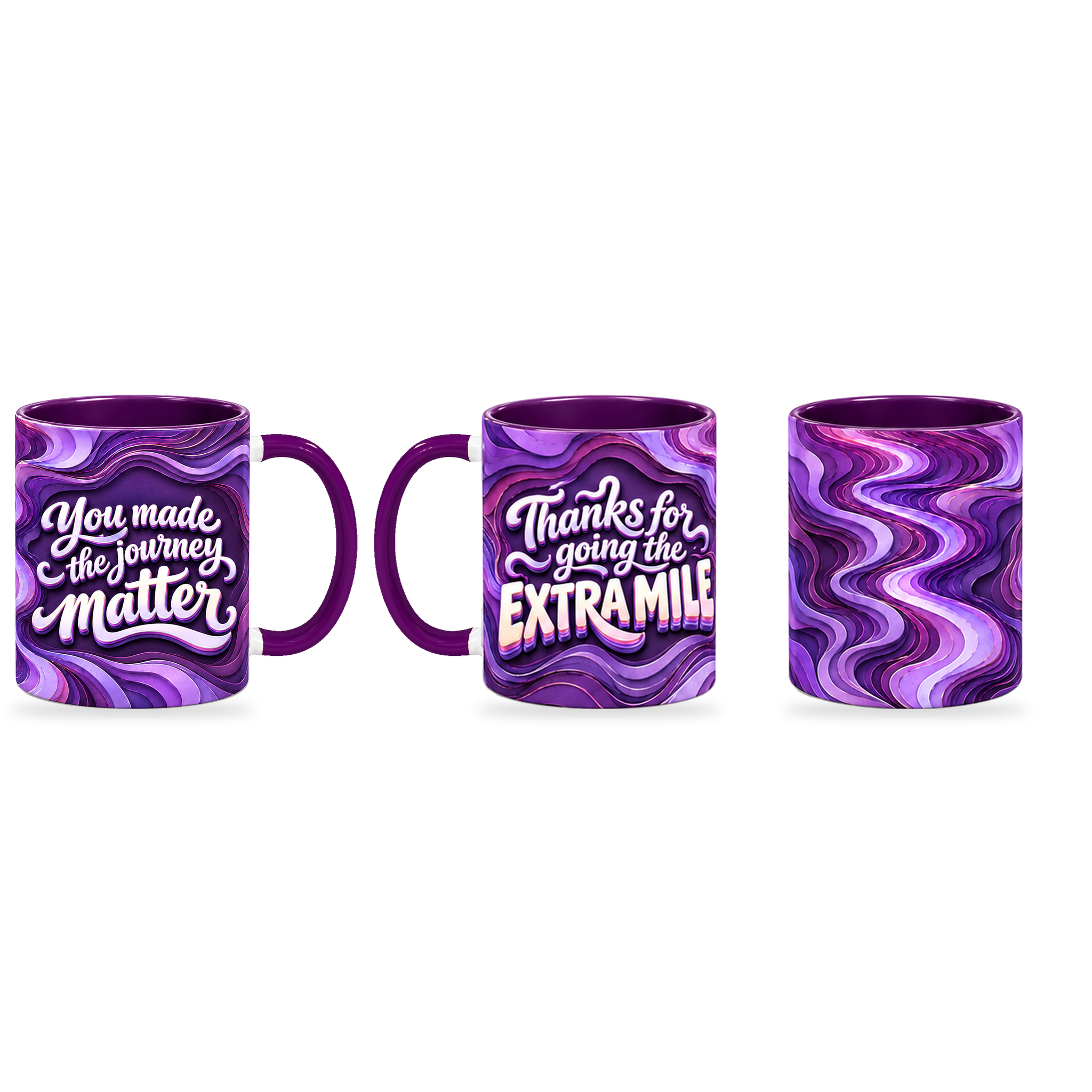 Extra Mile Mug – 320ml — right, left and front views together on a transparent background