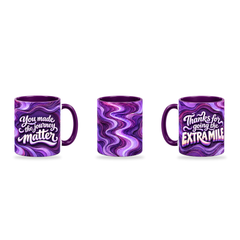 Extra Mile Mug – 320ml, Purple ceramic mug, three-angle overview of the Teacher’s Day artwork