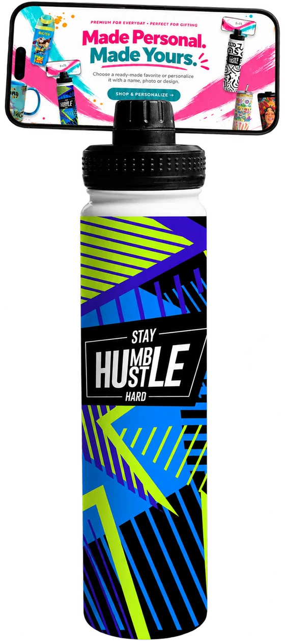 Stay Humble 750 ml bottle with MagSafe phone holder and Fann Bliss screen artwork.