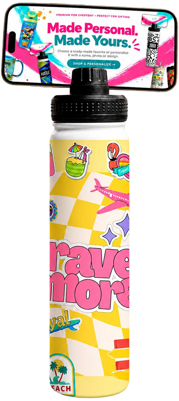 Travel More 750 ml bottle with MagSafe phone holder and Fann Bliss screen artwork.