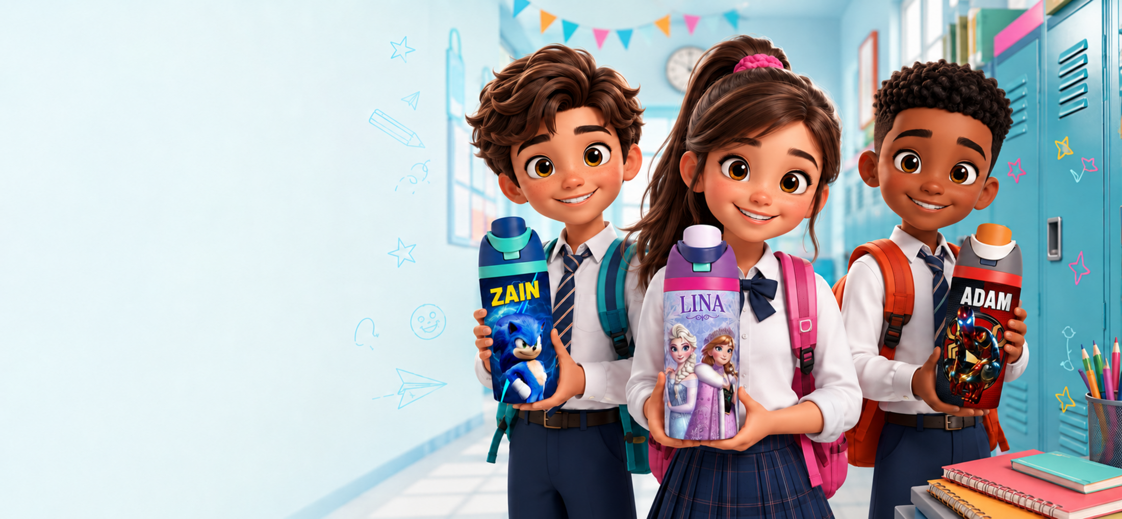 Three schoolchildren holding personalized Fann Bliss FreeSip bottles
