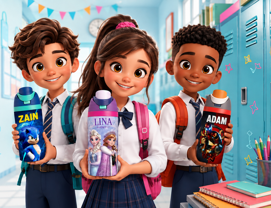 Children holding personalized Fann Bliss school bottles