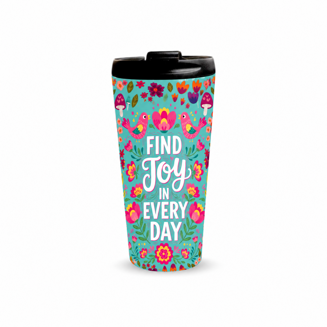 Find Joy 480ml Tumbler with closed black lid, front view