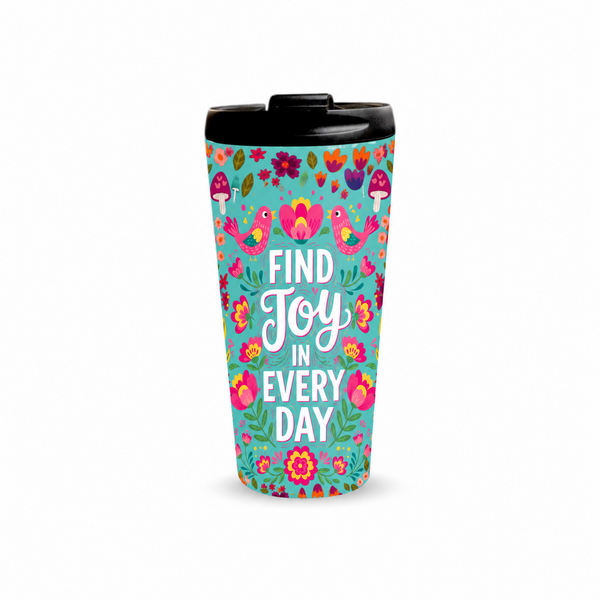 Find Joy 480ml Tumbler with closed black lid, front view