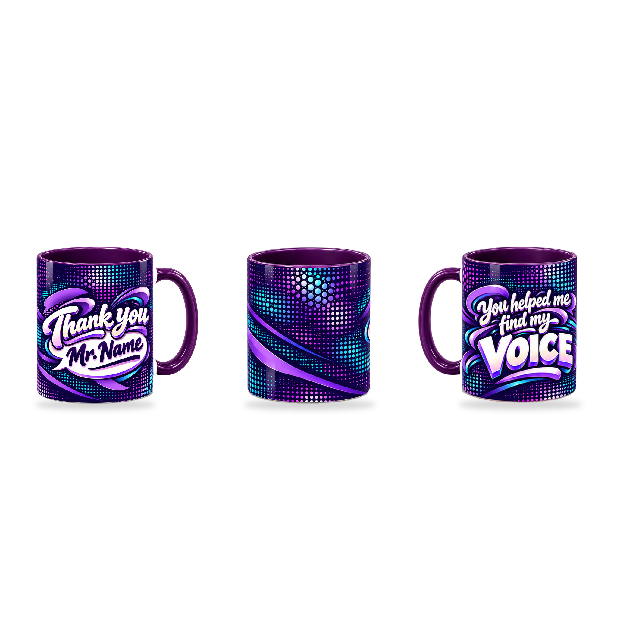 Find Your Voice Mug – 320ml, Purple ceramic mug, three-angle overview of the Teacher’s Day artwork