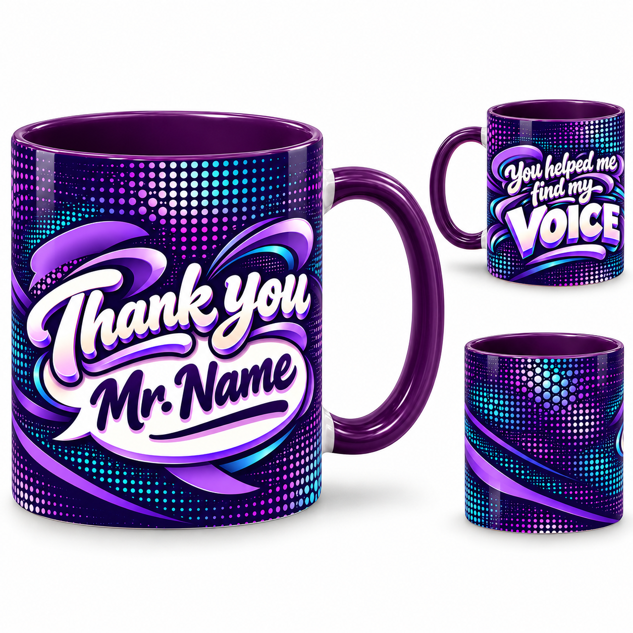 Find Your Voice Mug – 320ml, purple ceramic mug, views of the full-wrap Teacher’s Day design