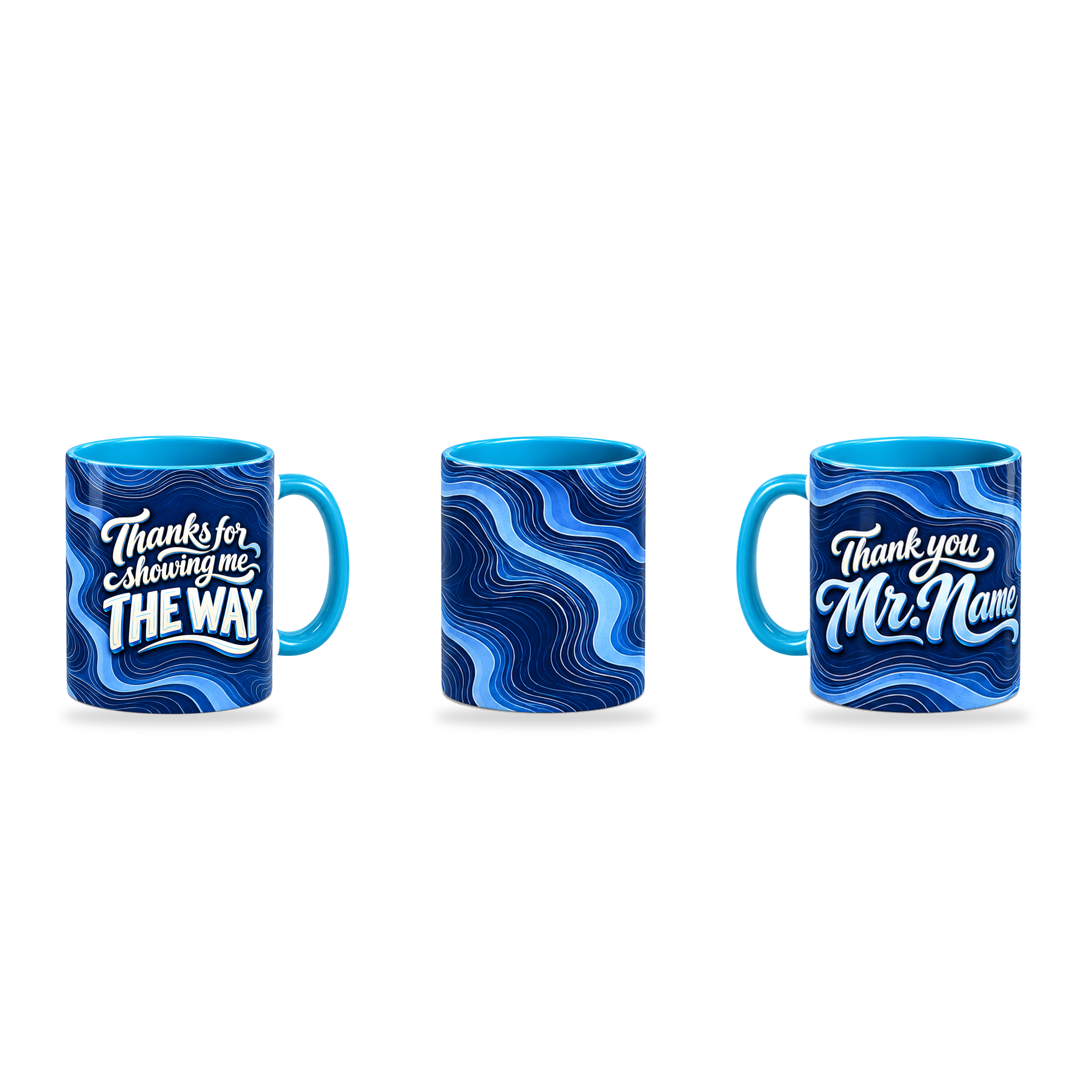 Find Your Way Mug – 320ml, Light Blue ceramic mug, three-angle overview of the Teacher’s Day artwork