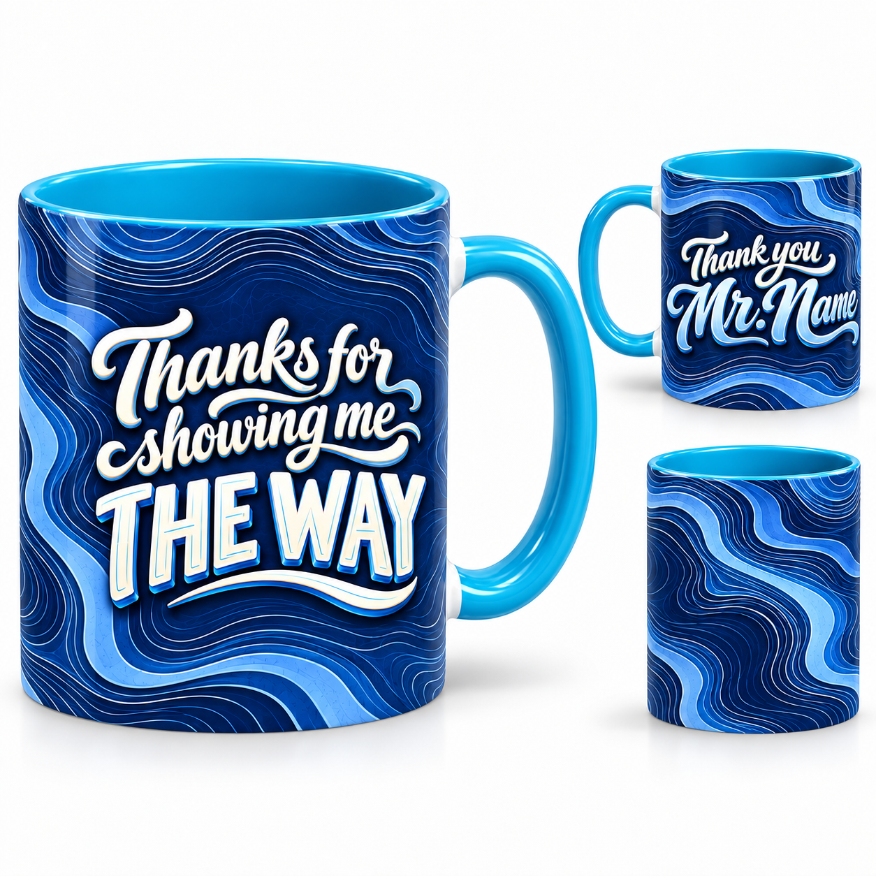 Find Your Way Mug – 320ml, light blue ceramic mug, views of the full-wrap Teacher’s Day design