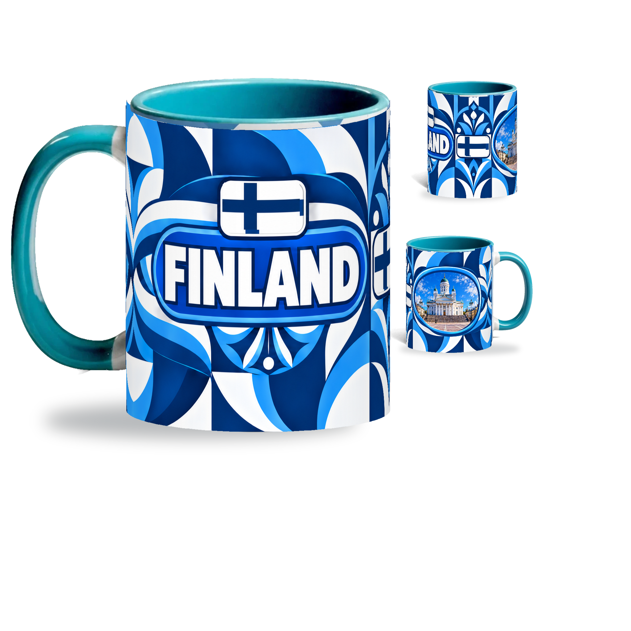 Finland Mug Teal – 320ml with teal handle, showing the country-name side plus companion centered-flag and landmark views of the glossy full-wrap design by Fann Bliss.