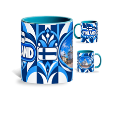 Finland Mug Teal – 320ml with teal handle, showing the centered flag view plus companion country-name and landmark views of the glossy full-wrap design by Fann Bliss.