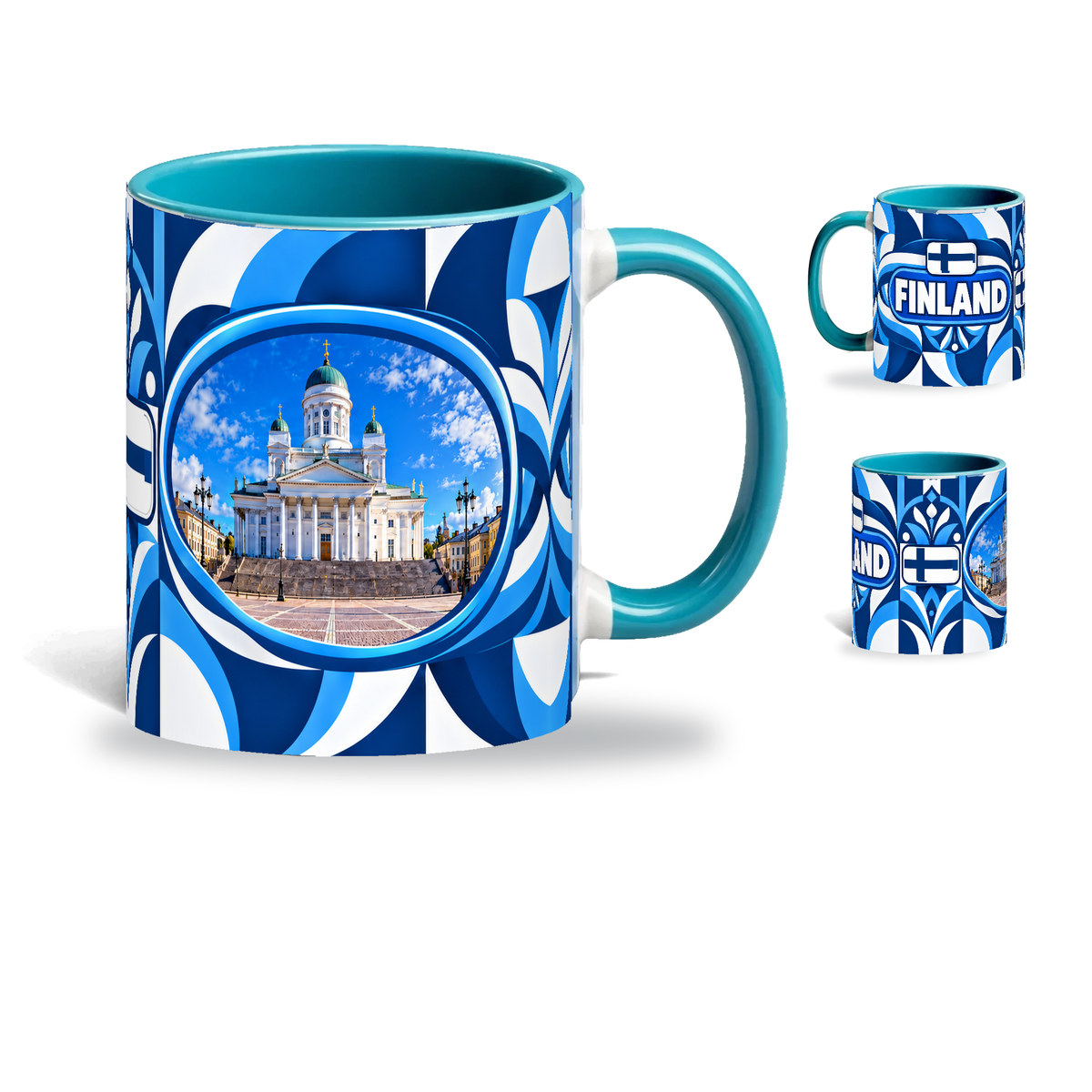 Finland Mug Teal – 320ml with teal handle, showing the landmark side plus companion country-name and centered-flag views of the glossy full-wrap design by Fann Bliss.