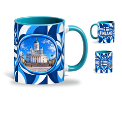 Finland Mug Teal – 320ml with teal handle, showing the landmark side plus companion country-name and centered-flag views of the glossy full-wrap design by Fann Bliss.