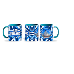 Finland Mug Teal – 320ml with teal handle, shown in three matching angles of the glossy full-wrap design by Fann Bliss.