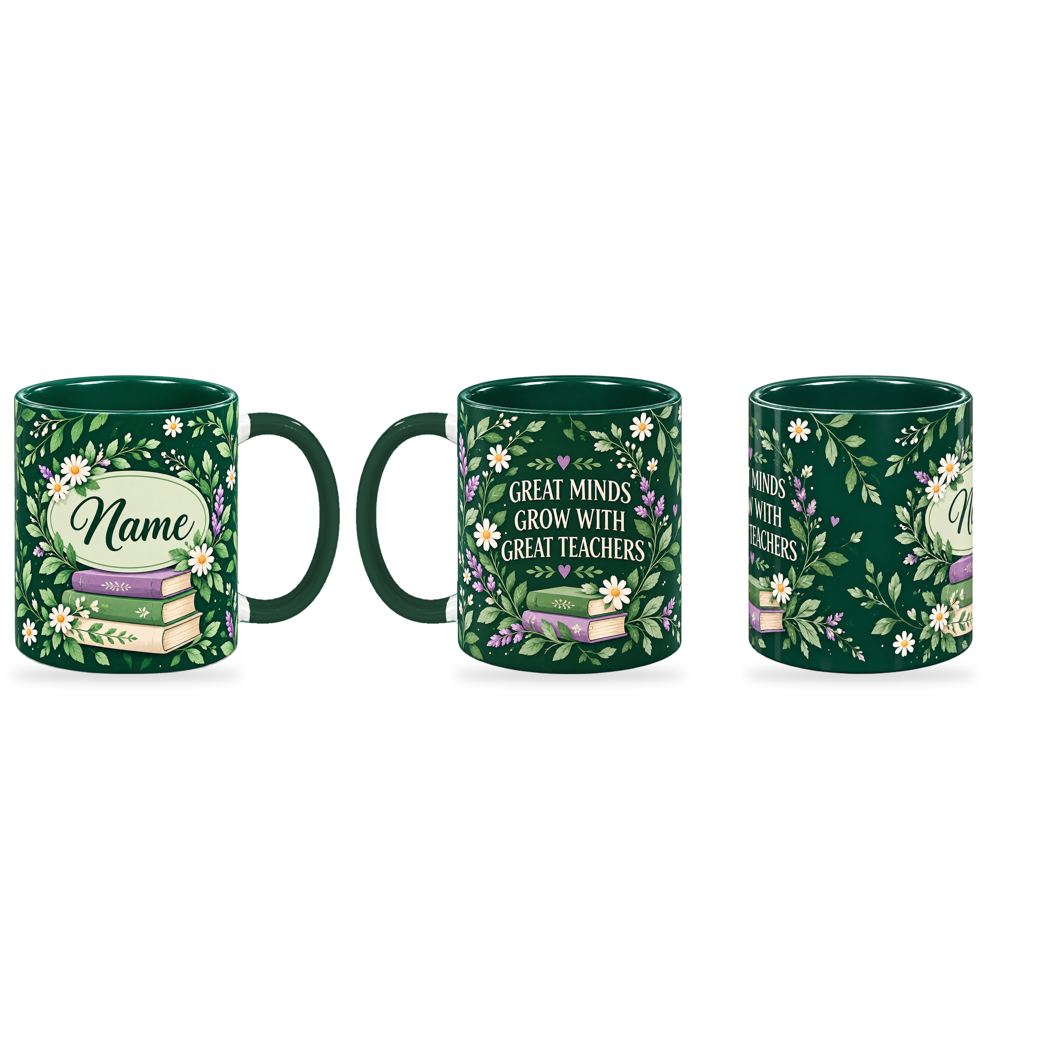 Forest Book Garden Teacher Mug – 320ml — right, left and centre views together on a transparent background