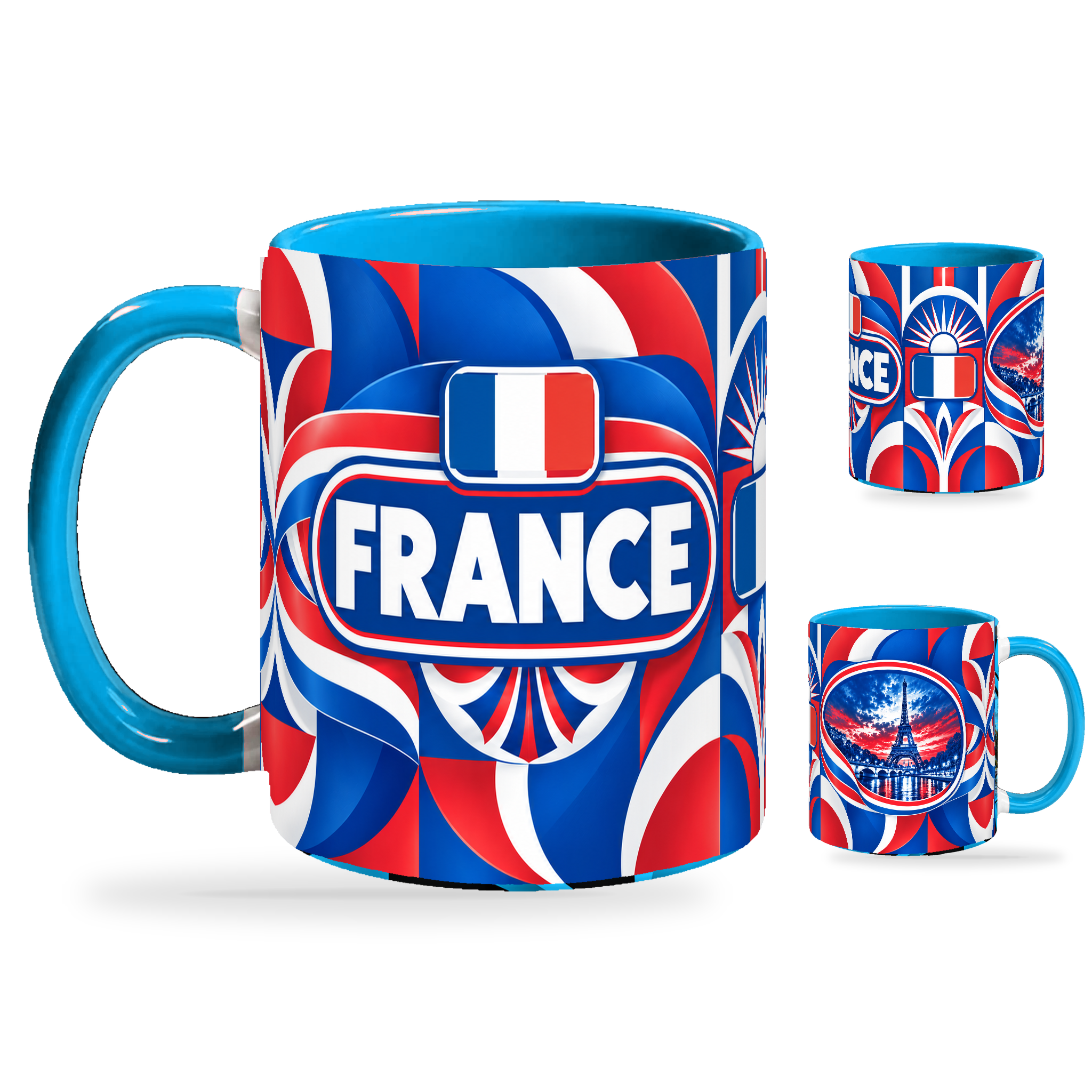 France Mug – 320ml with light-blue handle, showing the country-name side plus companion centered-flag and landmark views of the glossy full-wrap design by Fann Bliss.
