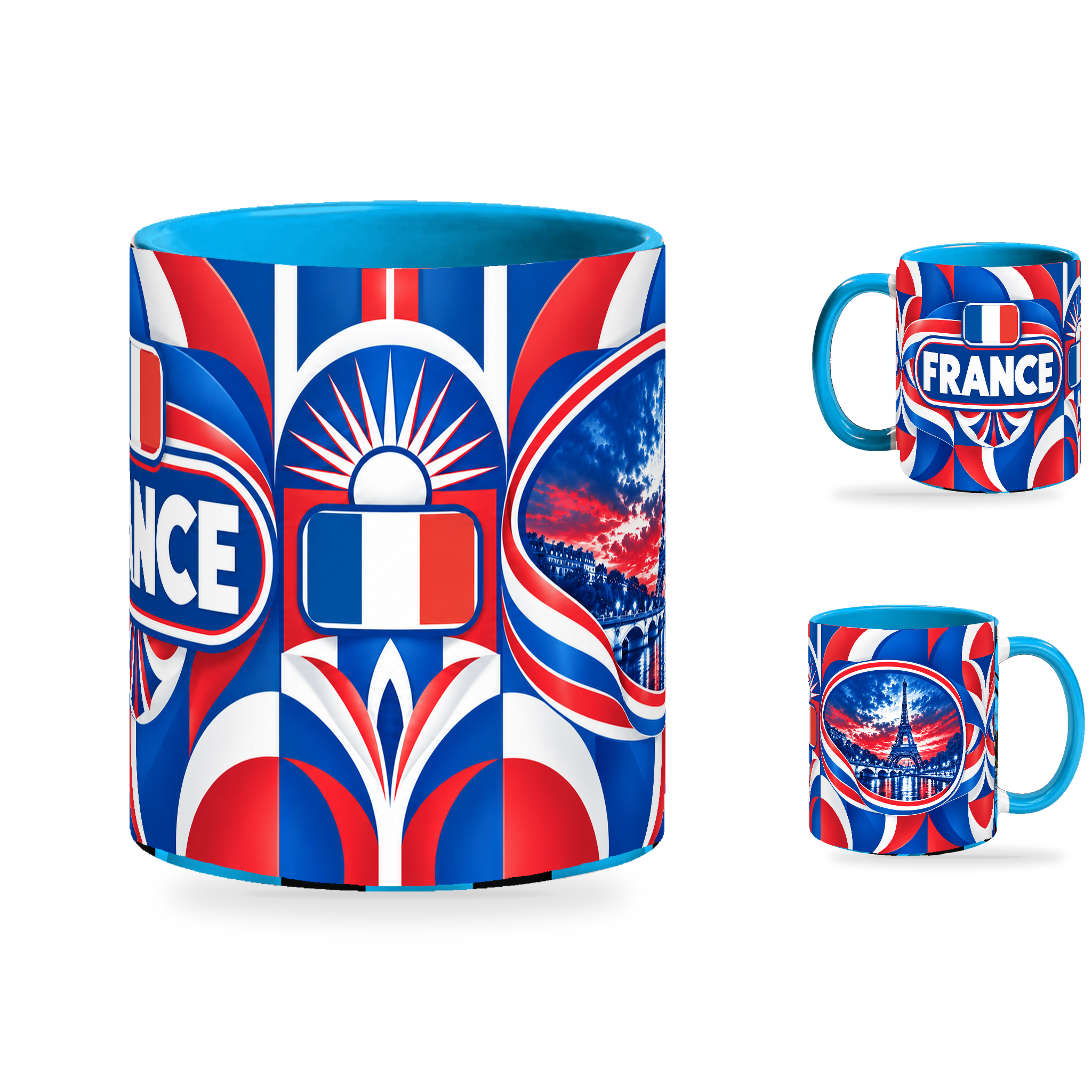 France Mug – 320ml with light-blue handle, showing the centered flag view plus companion country-name and landmark views of the glossy full-wrap design by Fann Bliss.