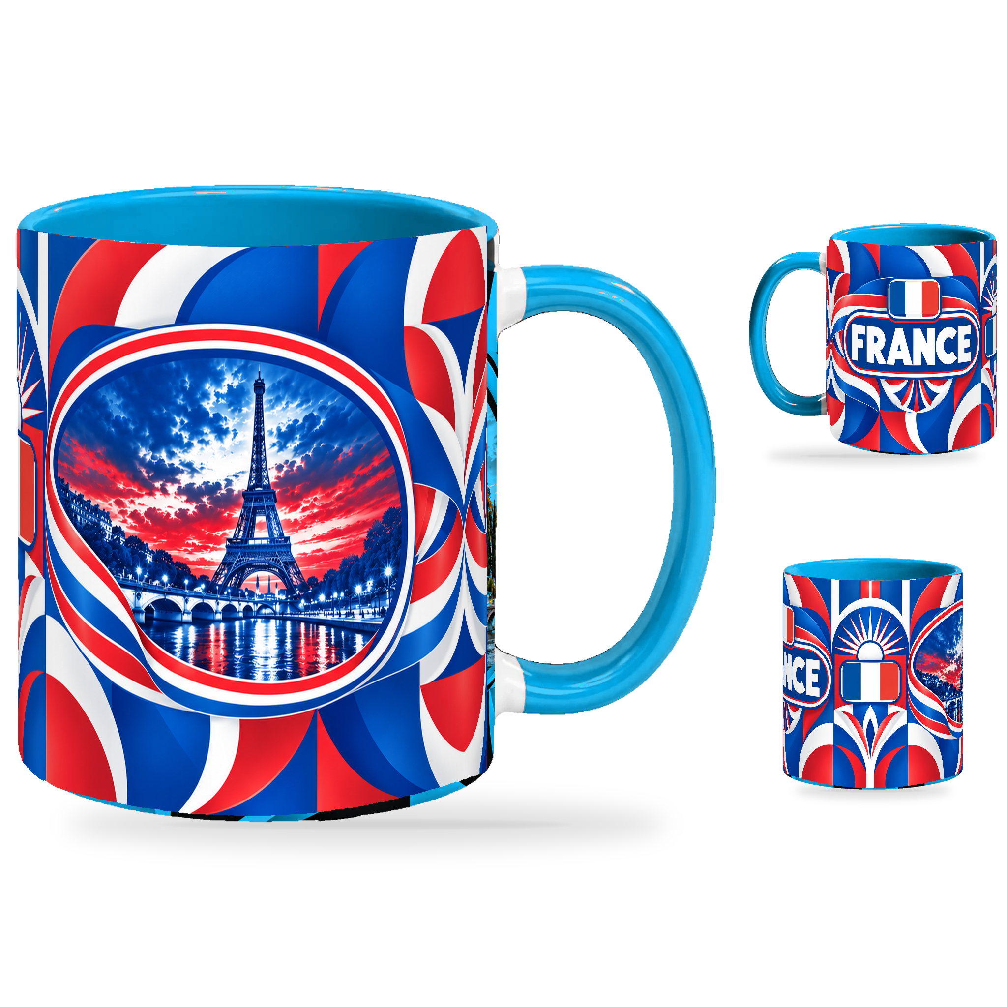 France Mug – 320ml with light-blue handle, showing the landmark side plus companion country-name and centered-flag views of the glossy full-wrap design by Fann Bliss.