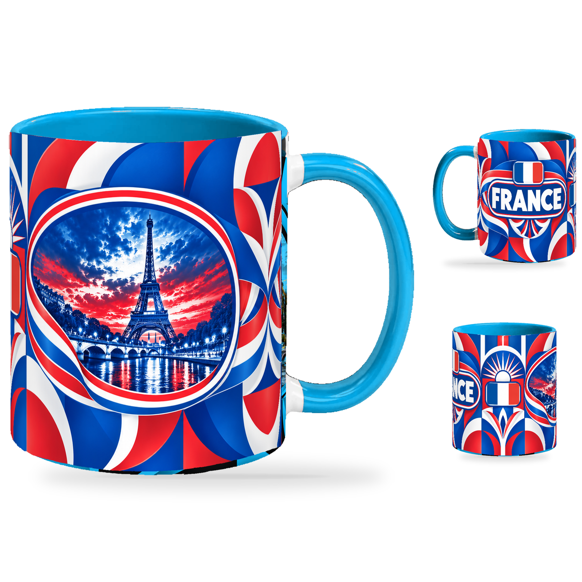 France Mug – 320ml with light-blue handle, showing the landmark side plus companion country-name and centered-flag views of the glossy full-wrap design by Fann Bliss.