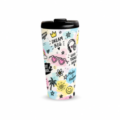 Fun & Love 480ml Tumbler with closed black lid, front view