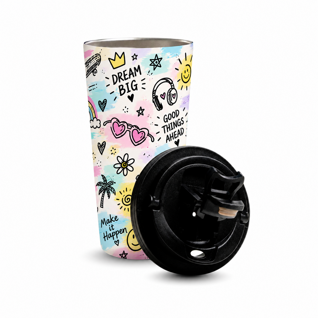 Fun & Love 480ml Tumbler with open stainless steel rim and detached black lid