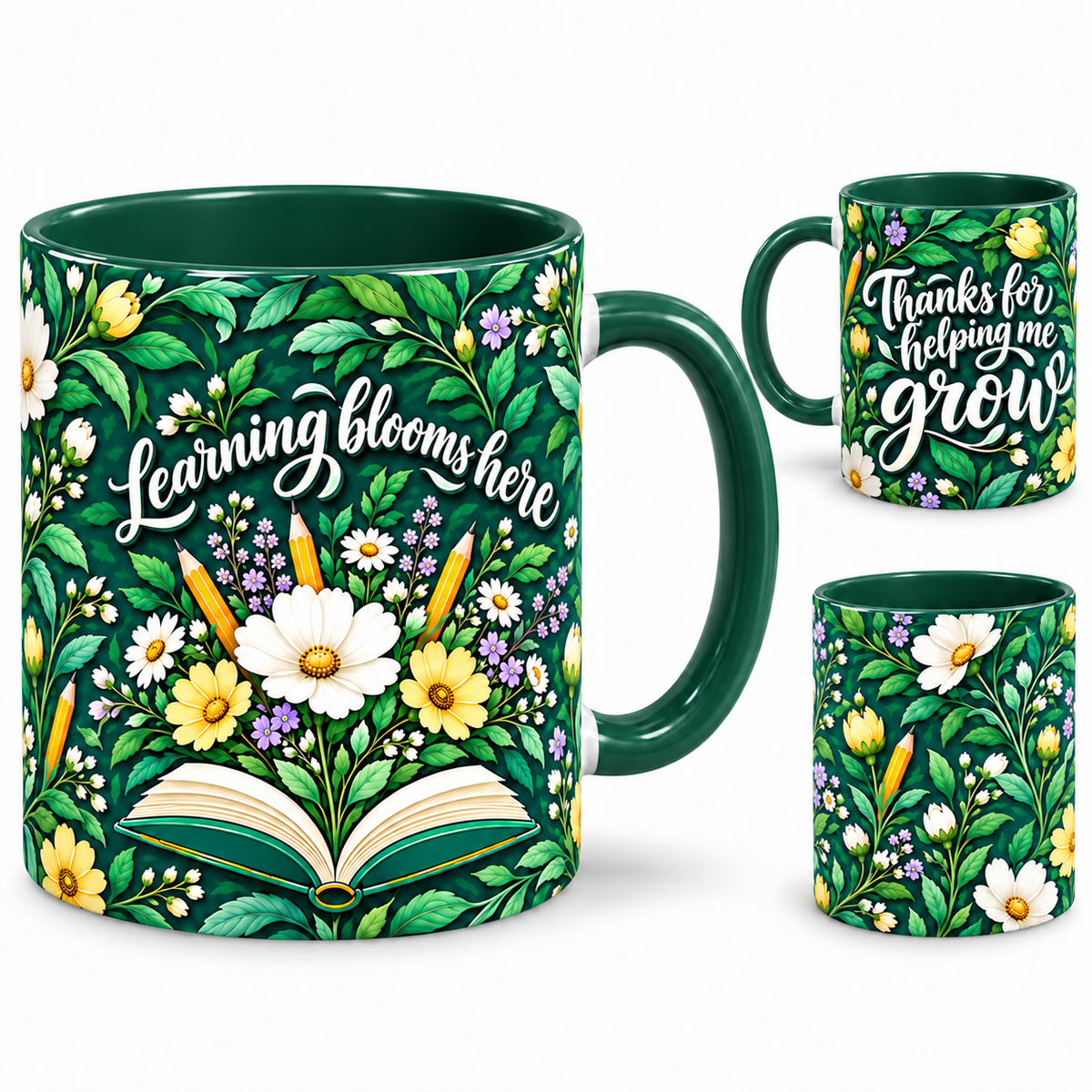 Garden Growth Mug – 320ml, dark green ceramic mug, views of the full-wrap Teacher’s Day design
