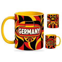 Germany Mug – 320ml with yellow handle, showing the country-name side plus companion centered-flag and landmark views of the glossy full-wrap design by Fann Bliss.