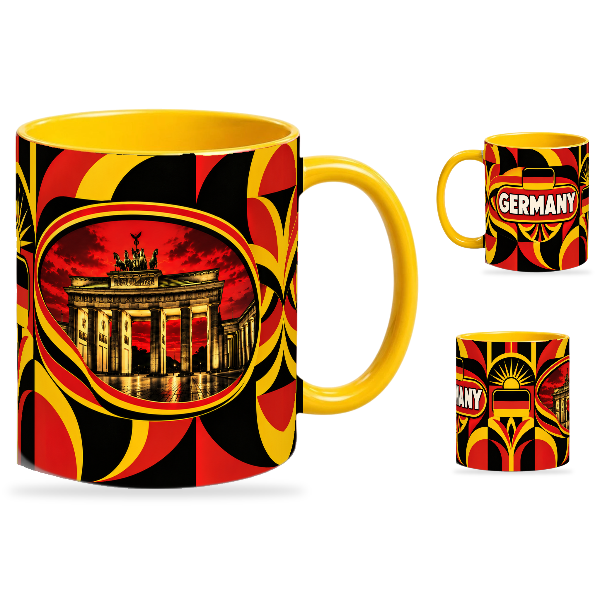 Germany Mug – 320ml with yellow handle, showing the landmark side plus companion country-name and centered-flag views of the glossy full-wrap design by Fann Bliss.