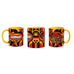 Germany Mug – 320ml with yellow handle, shown in three matching angles of the glossy full-wrap design by Fann Bliss.