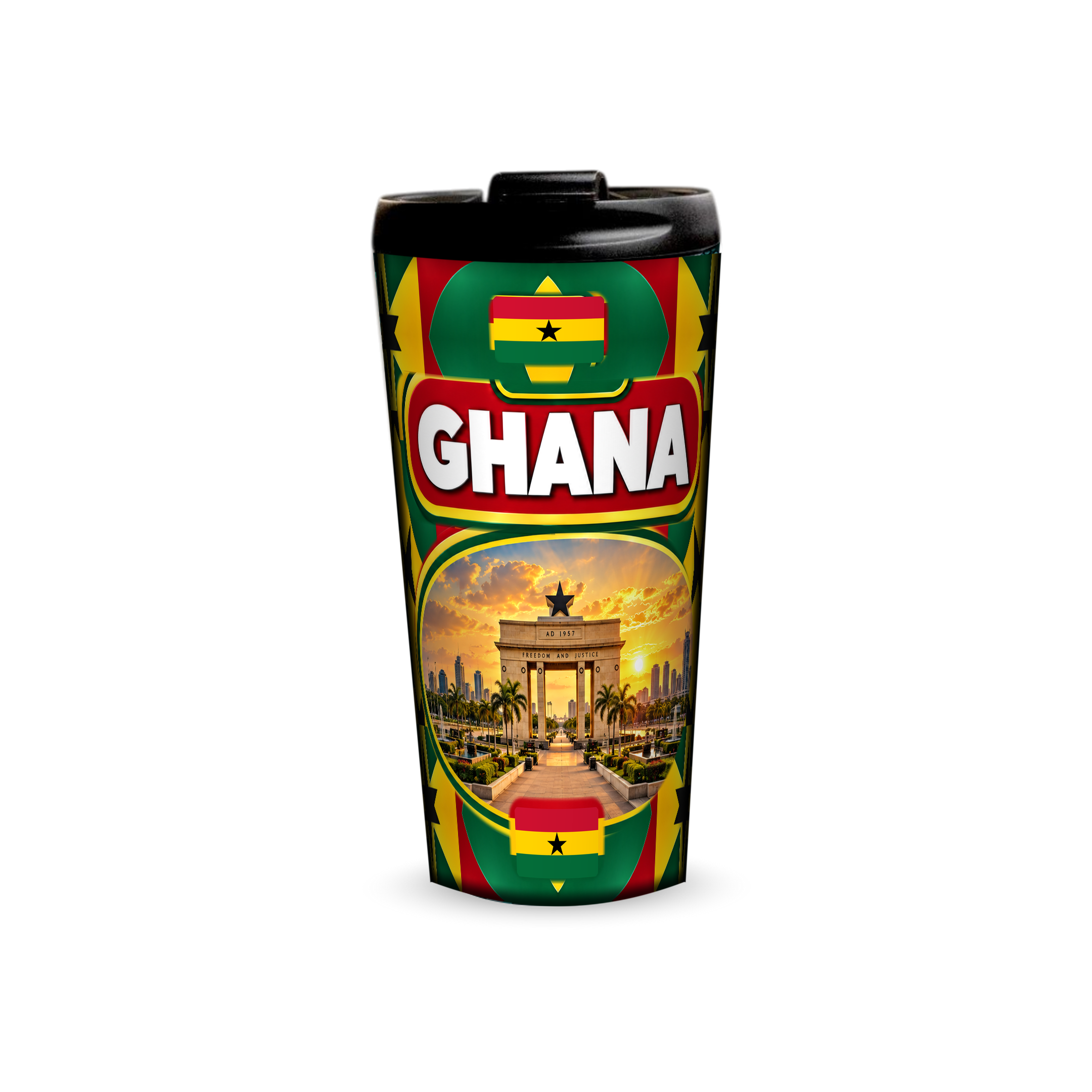 Ghana 480ml tumbler front view with country design