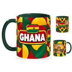 Ghana Mug – 320ml with dark green handle, showing the country-name side plus companion centered-flag and landmark views of the glossy full-wrap design by Fann Bliss.
