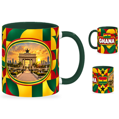 Ghana Mug – 320ml with dark green handle, showing the landmark side plus companion country-name and centered-flag views of the glossy full-wrap design by Fann Bliss.