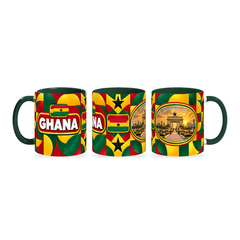 Ghana Mug – 320ml with dark green handle, shown in three matching angles of the glossy full-wrap design by Fann Bliss.
