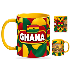 Ghana Mug Yellow – 320ml with yellow handle, showing the country-name side plus companion centered-flag and landmark views of the glossy full-wrap design by Fann Bliss.